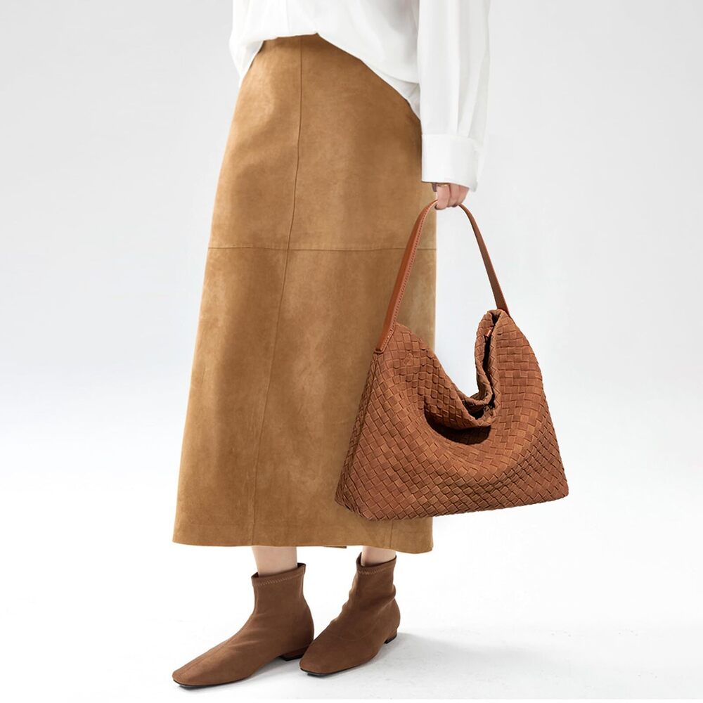 2453 Woven Suede Shoulder Bag , Leather Crossbody Bags Top Handle Handbag - Picture 6 of 6